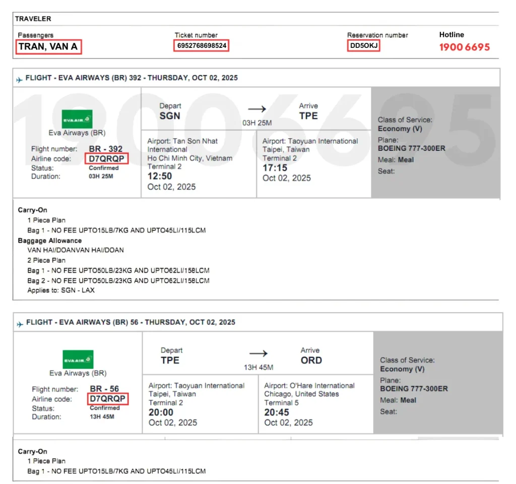 Ảnh mặt vé điện tử đi Chicago với đầy đủ thông tin họ tên, số vé và Airlines Code của EVA Air