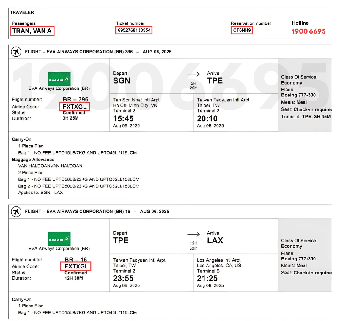 Ảnh mặt vé điện tử đi Los Angeles với đầy đủ thông tin họ tên, số vé và Airlines Code của EVA Air