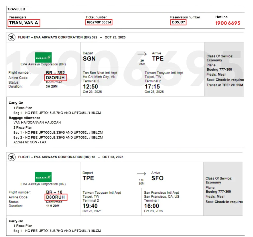 Ảnh mặt vé điện tử đi San Francisco với đầy đủ thông tin họ tên, số vé và Airlines Code của EVA Air