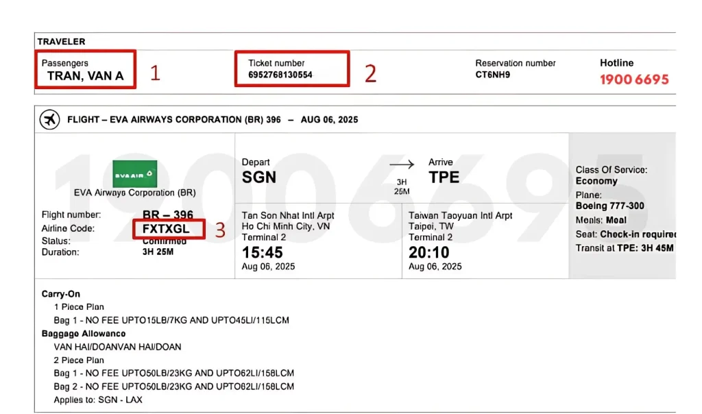 Ảnh mặt vé điện tử với đầy đủ thông tin họ tên, số vé và Airlines Code của EVA Air